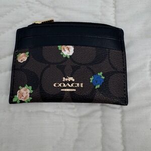 Coach Card Case Wallet Womens One Size Brown Black Signature Floral Zip Coin